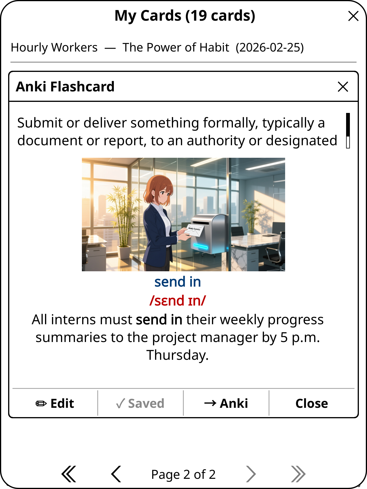 Back of the flashcard showing phrase, IPA, image, and cloze sentence