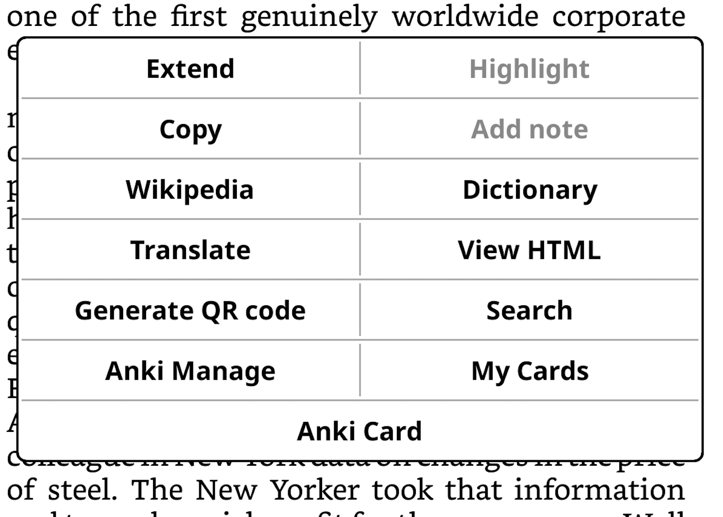 KOReader highlight dialog with Anki Card, Anki Manage, and My Cards options