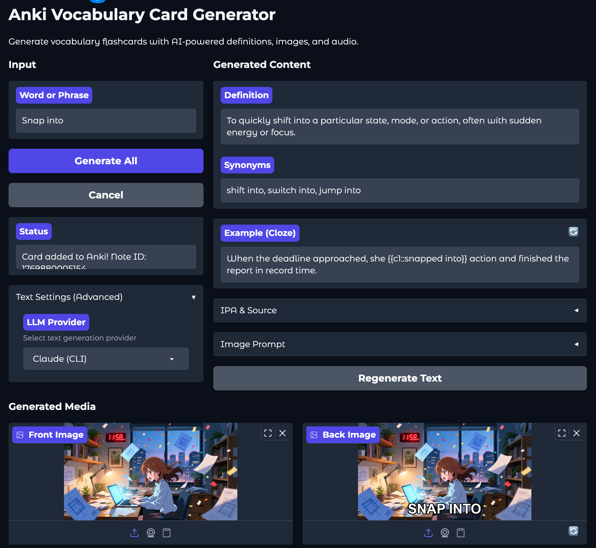 Anki Vocabulary Card Generator main interface