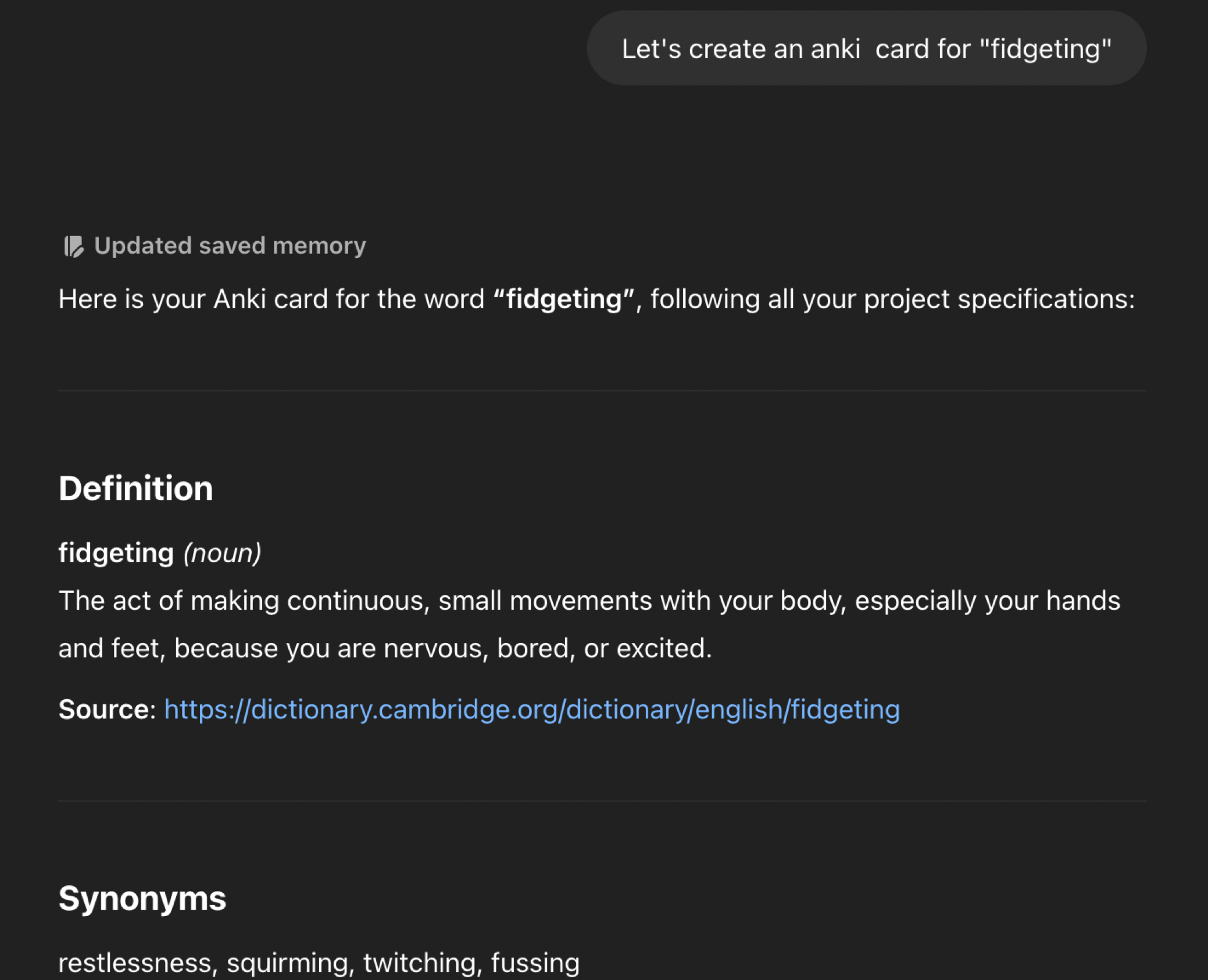 ChatGPT generating flashcard content
