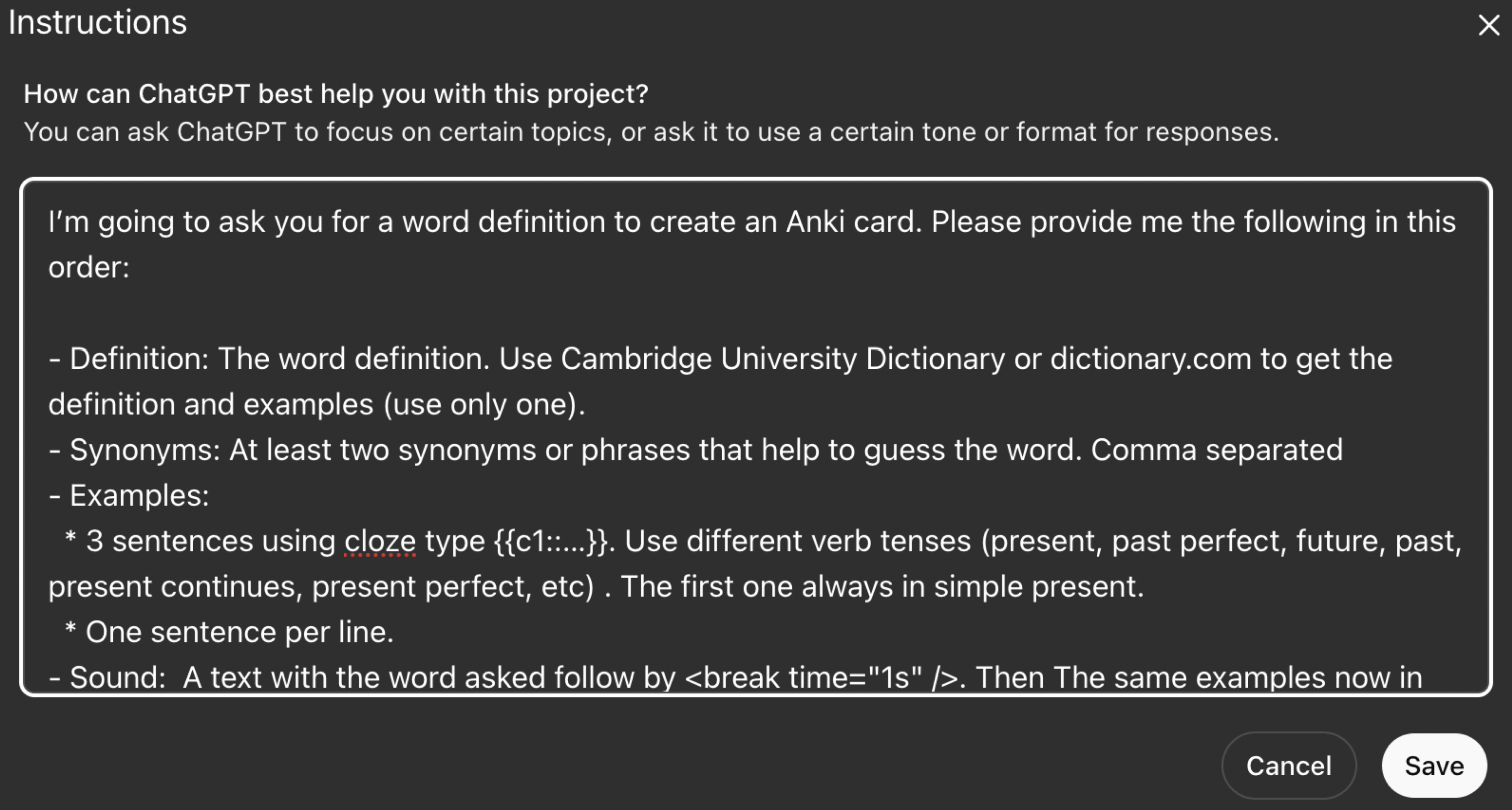 ChatGPT project with flashcard instructions
