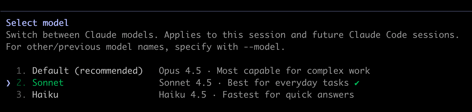 Claude Code CLI showing the /model command output with available models: Opus 4.5, Sonnet 4.5, and Haiku 4.5, with Sonnet highlighted as the current selection