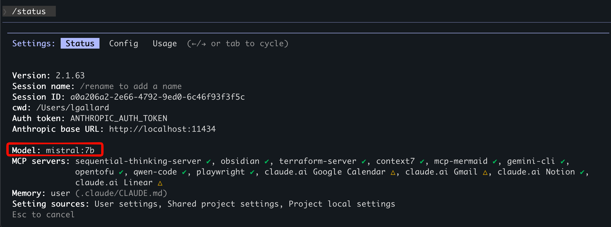 Claude Code status showing Ollama configuration